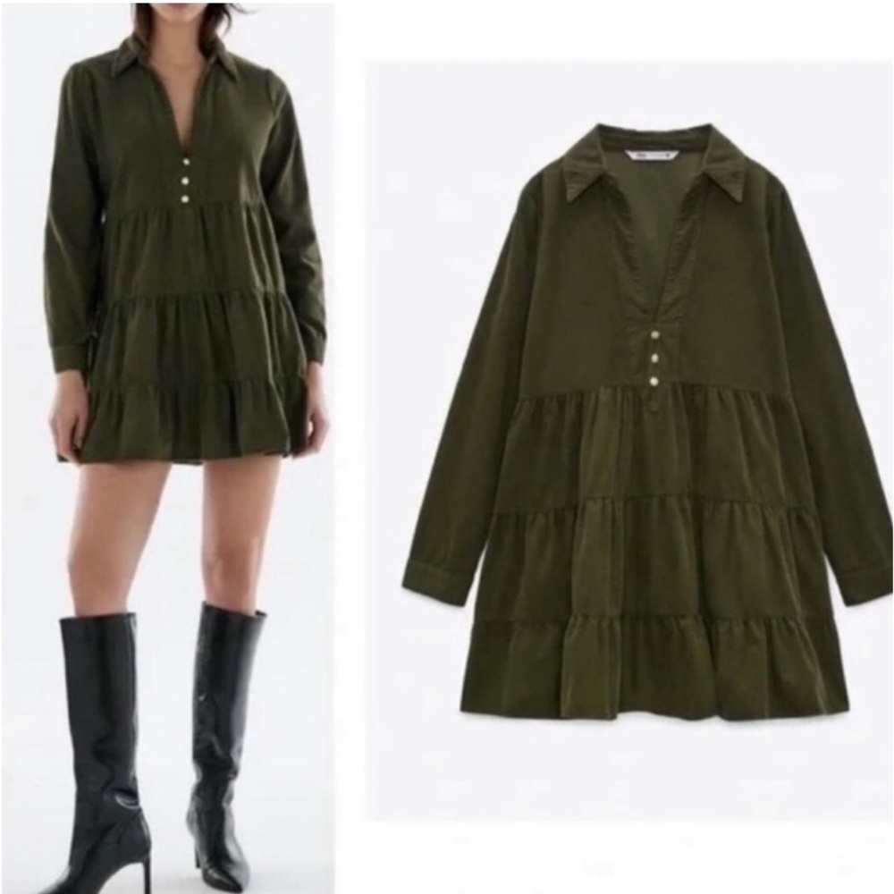 NWT ZARA Green Corduroy Tiered Mini Dress Size M